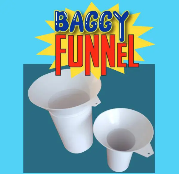 A picture of two plastic cups with the words " baggy funnel ".